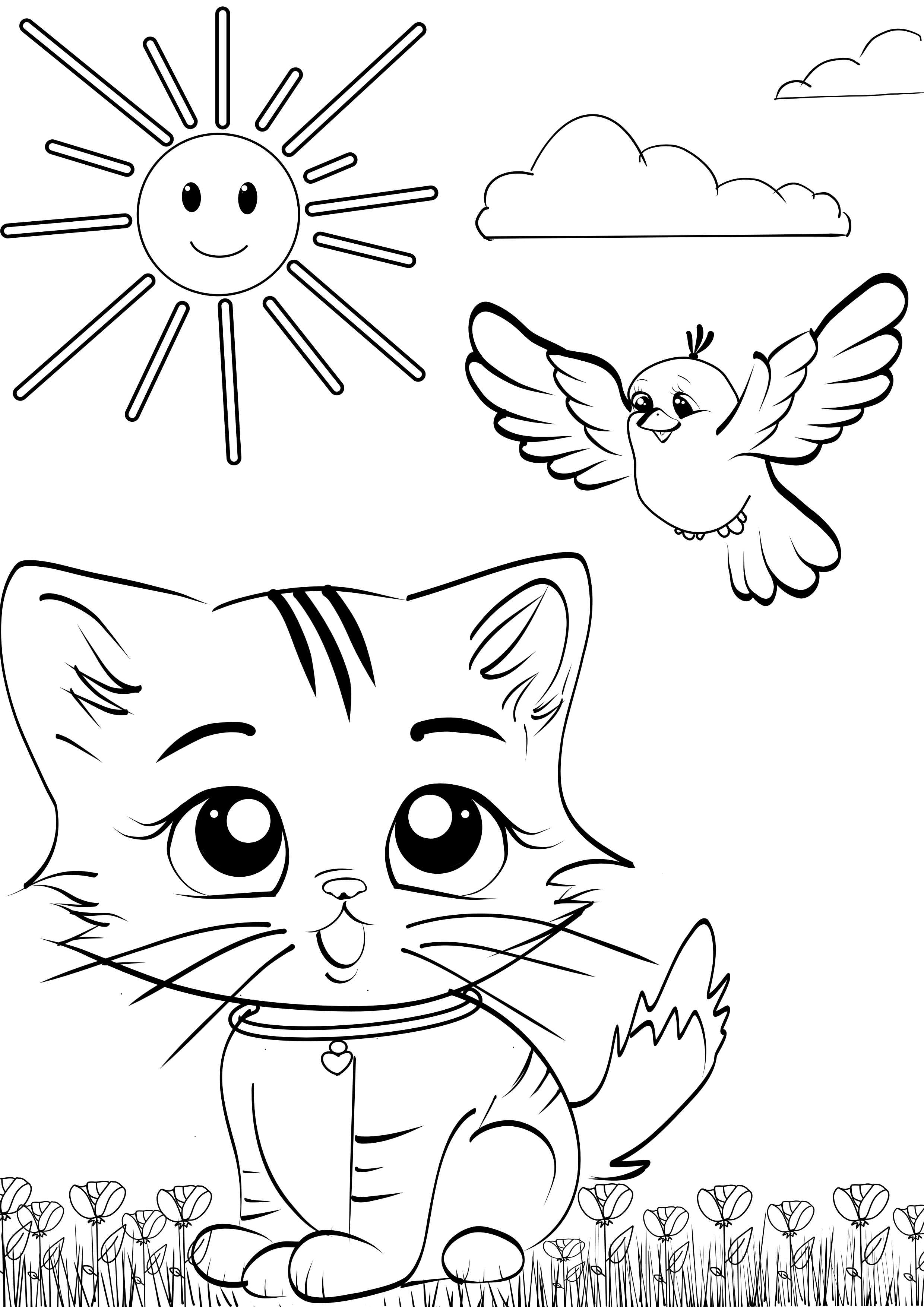 Cat Playing with the Bird - Coloring Page - PDF